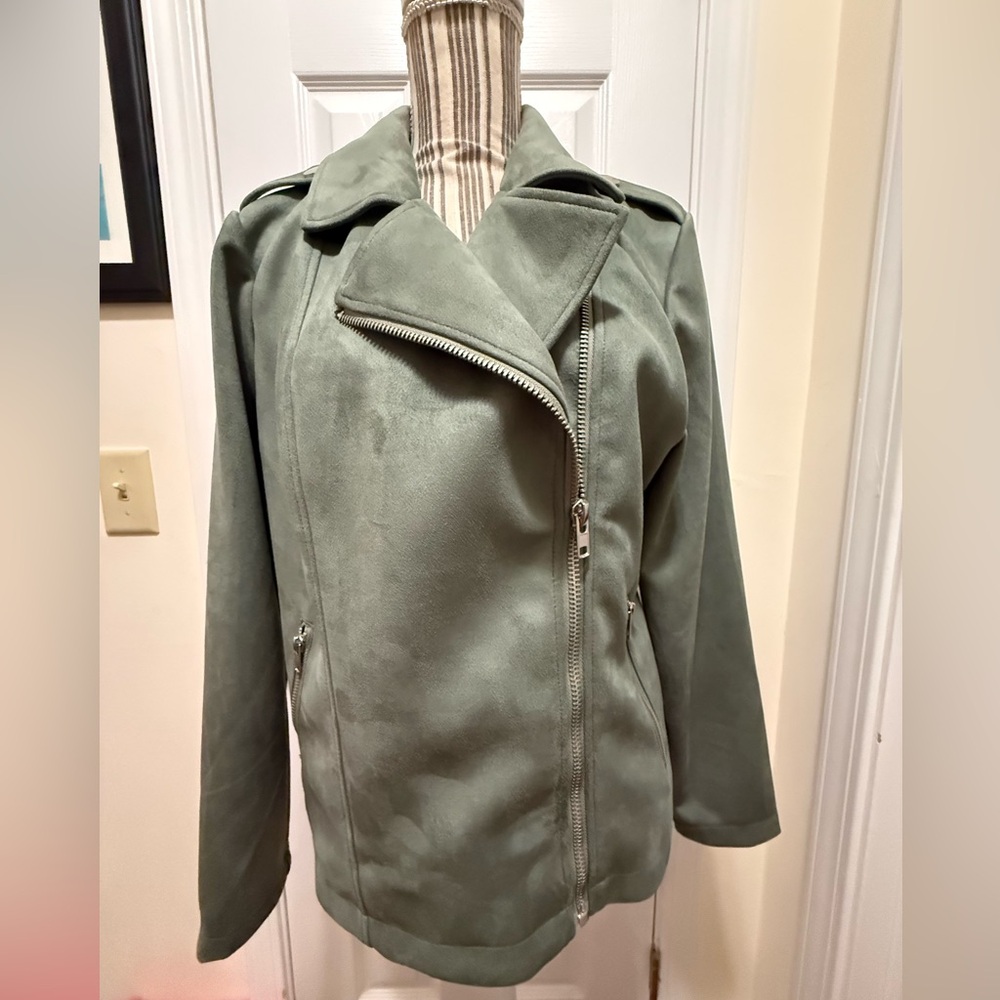 Candace Cameron Bure Faux Leather Moto Jacket Sage Green So Soft Medium
